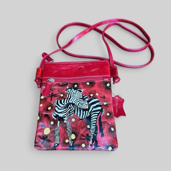 Genuine Leather Red Zebra Hand painted Crossbody INDIA Purse Bag Statement - Picture 1 of 6